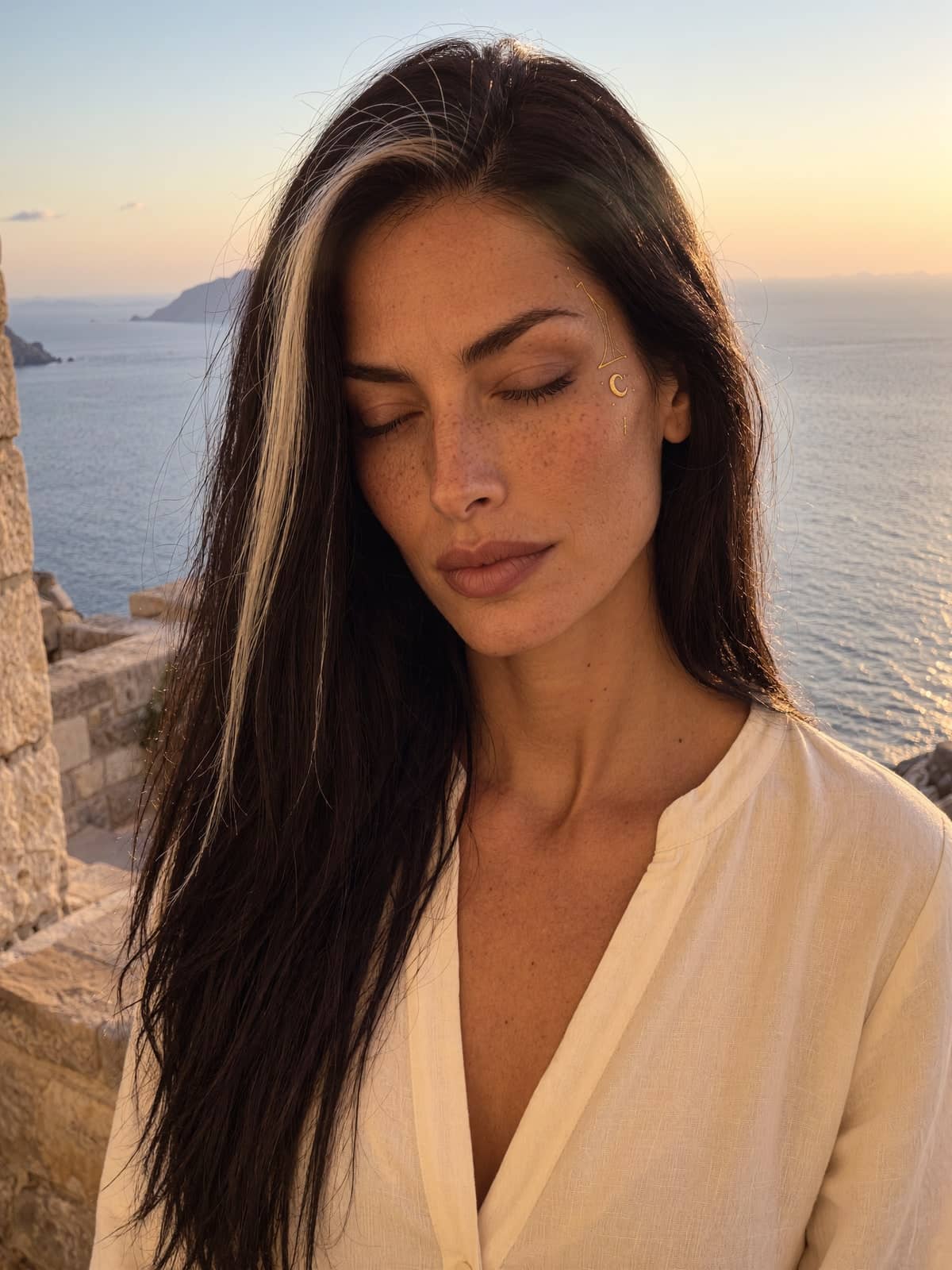 Manifelle with her eyes closed, the sea at sunset behind her